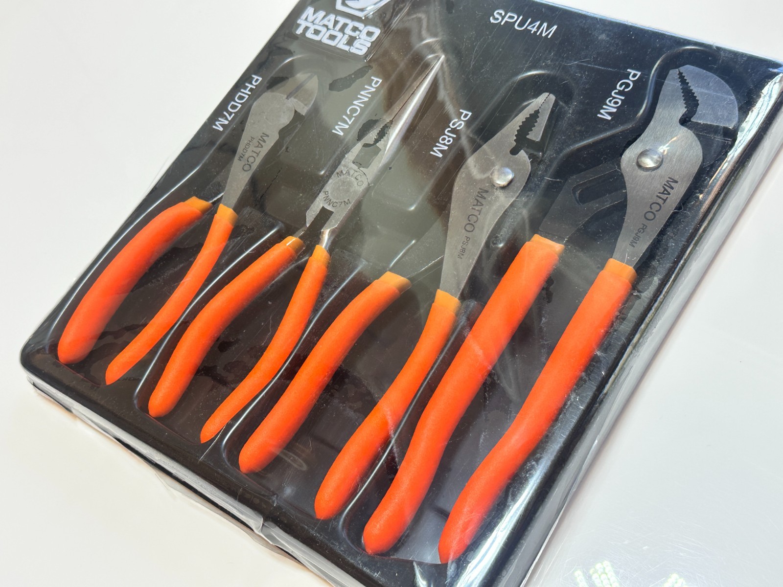 NEW Matco Tools SPU4M 4pc Universal ORANGE GRIP Pliers Set w/ Tray, Sealed NOS