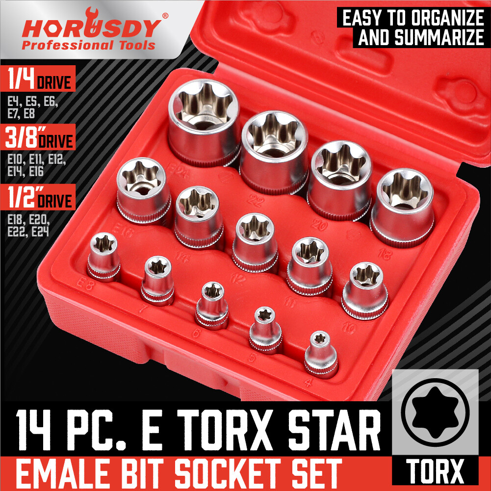 14 Pcs E Torx Star Female Bit Socket Set 1/2″ 3/8″ 1/4″ Drive E4 -E24 with Case