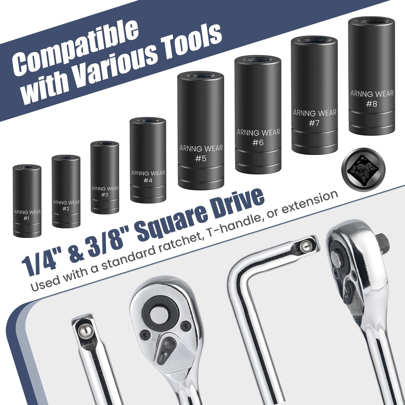 8pcs Tap Socket Set, 1/4″ & 3/8″ Drive Adapters, Fits 1/8″ NPT & Metric Taps