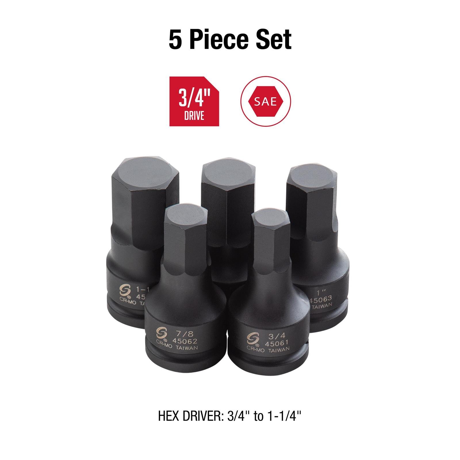 Sunex 4506 3/4″ Dr. 5 Pc. SAE Hex Drive Impact Socket Set