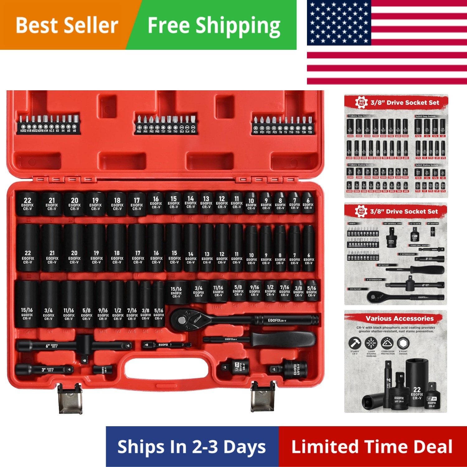 3/8″ Drive Impact Socket Set, 90 Piece Metric Socket 6-22mm and Standard SAE …