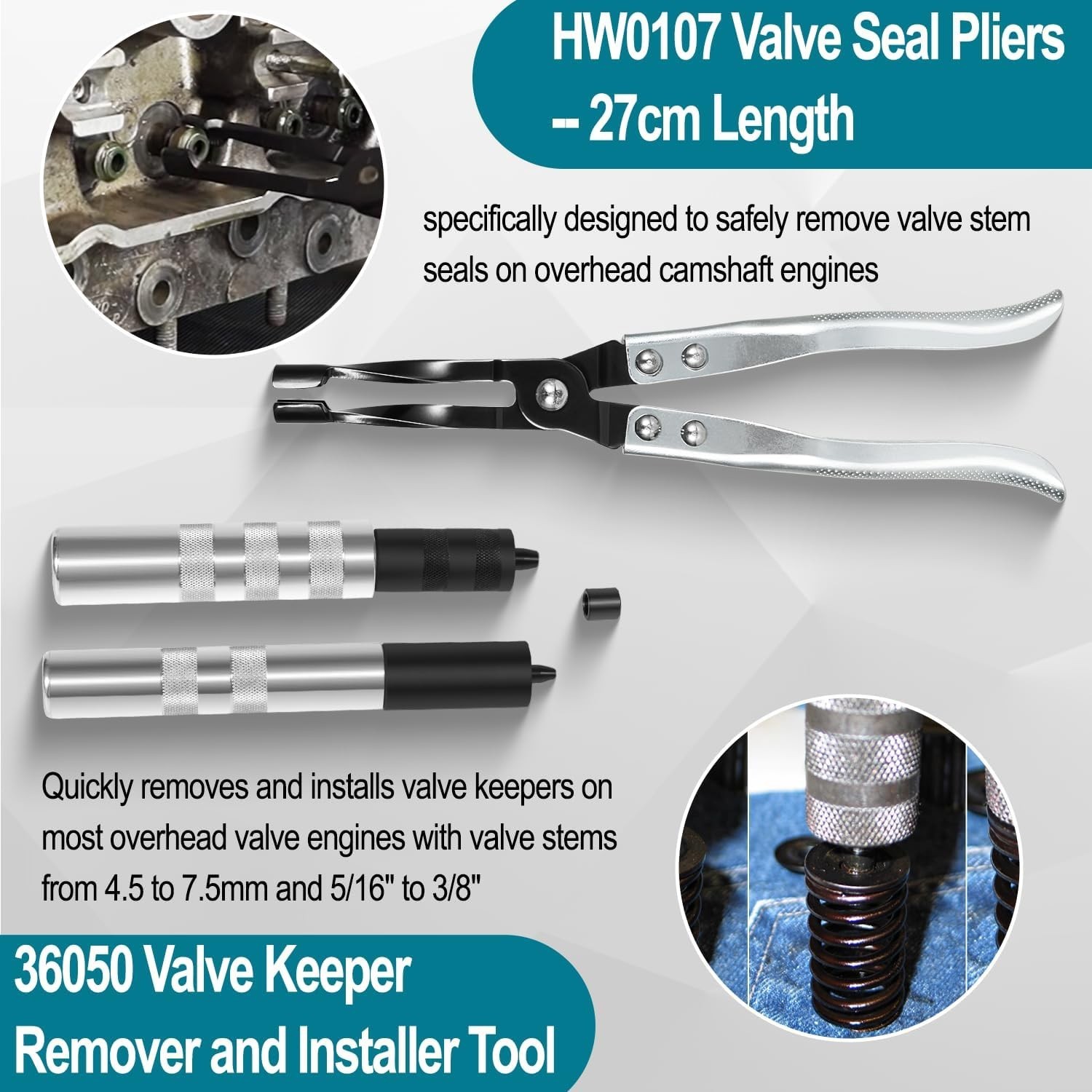 HW0107 Valve Seal Pliers & 36050 Valve Keeper Combo OHC/OHV Cars Moto Marine