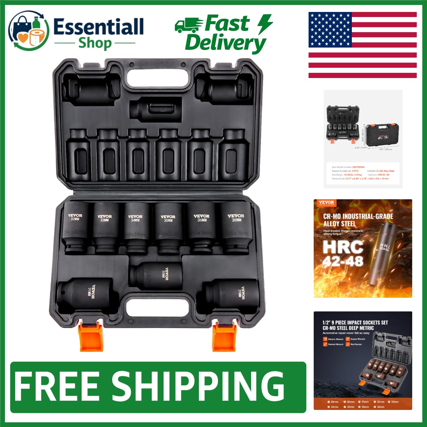 9-Piece 1/2″ Drive Deep Impact Socket Set for Auto Repair – Cr-Mo Steel