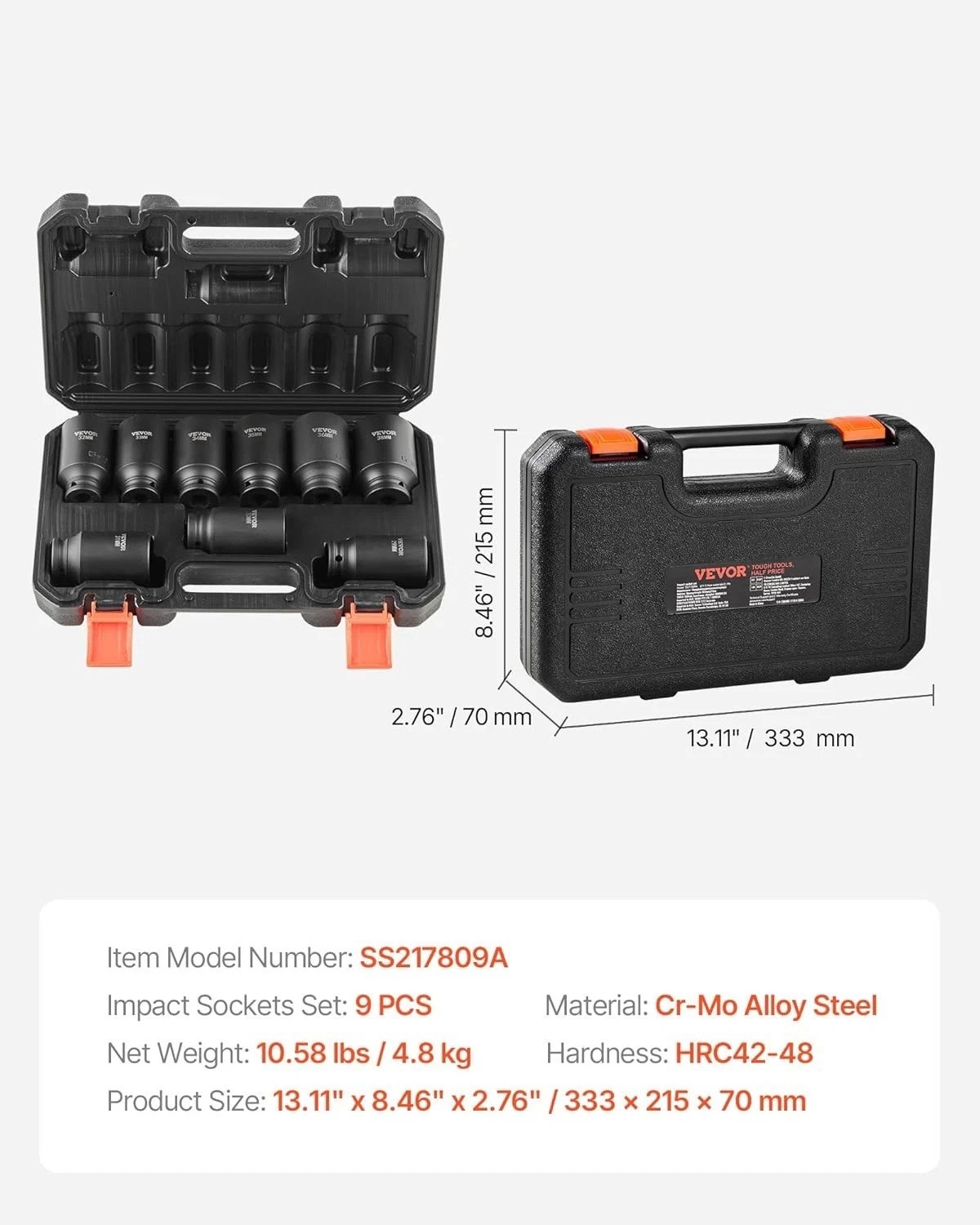 1/2″ Drive Impact Socket Set, 9 Piece Deep Socket Set Metric 29-38mm, 6 Point…