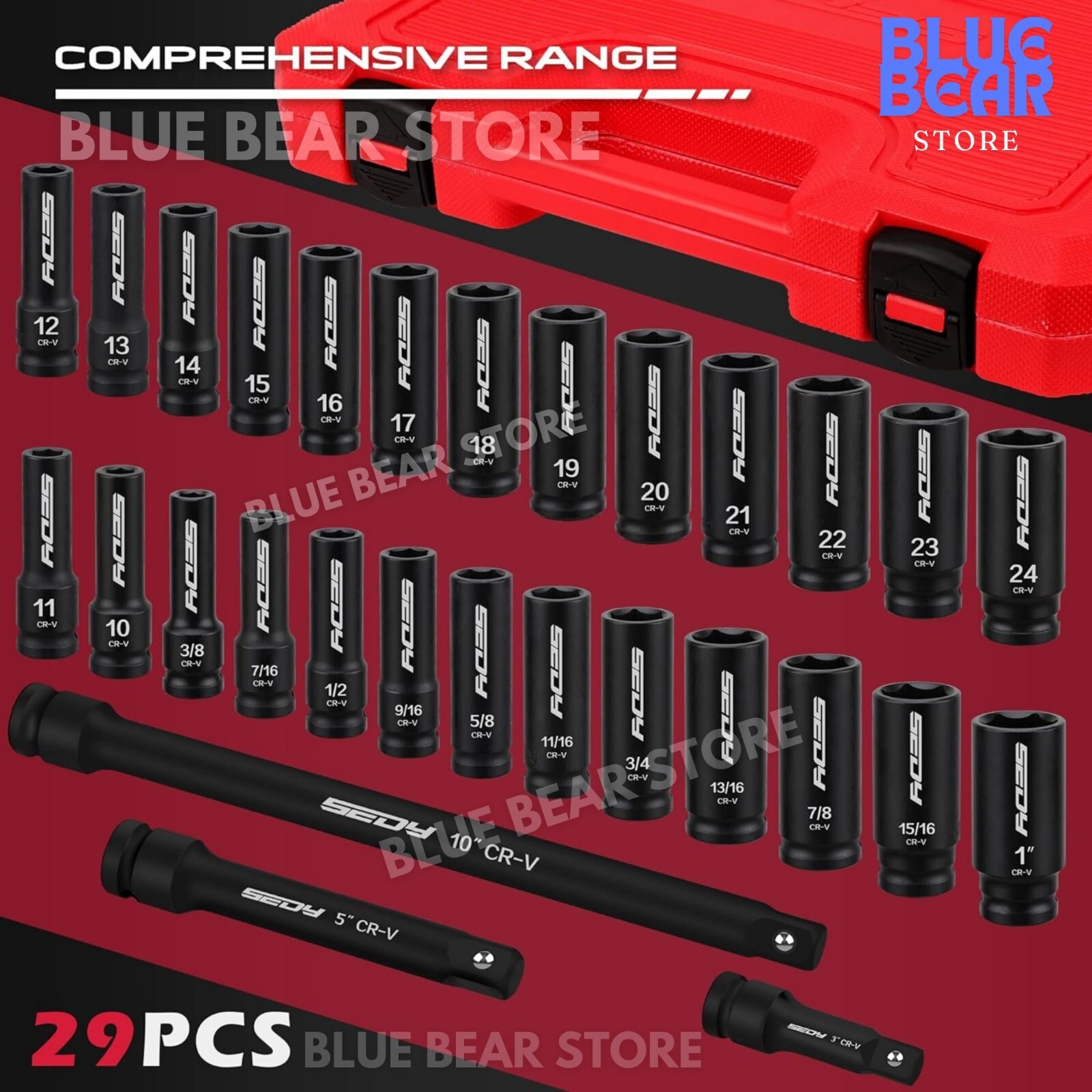 1/2″ Drive Heavy Duty Impact Socket Set Deep Shallow Metric SAE w Extension Bars