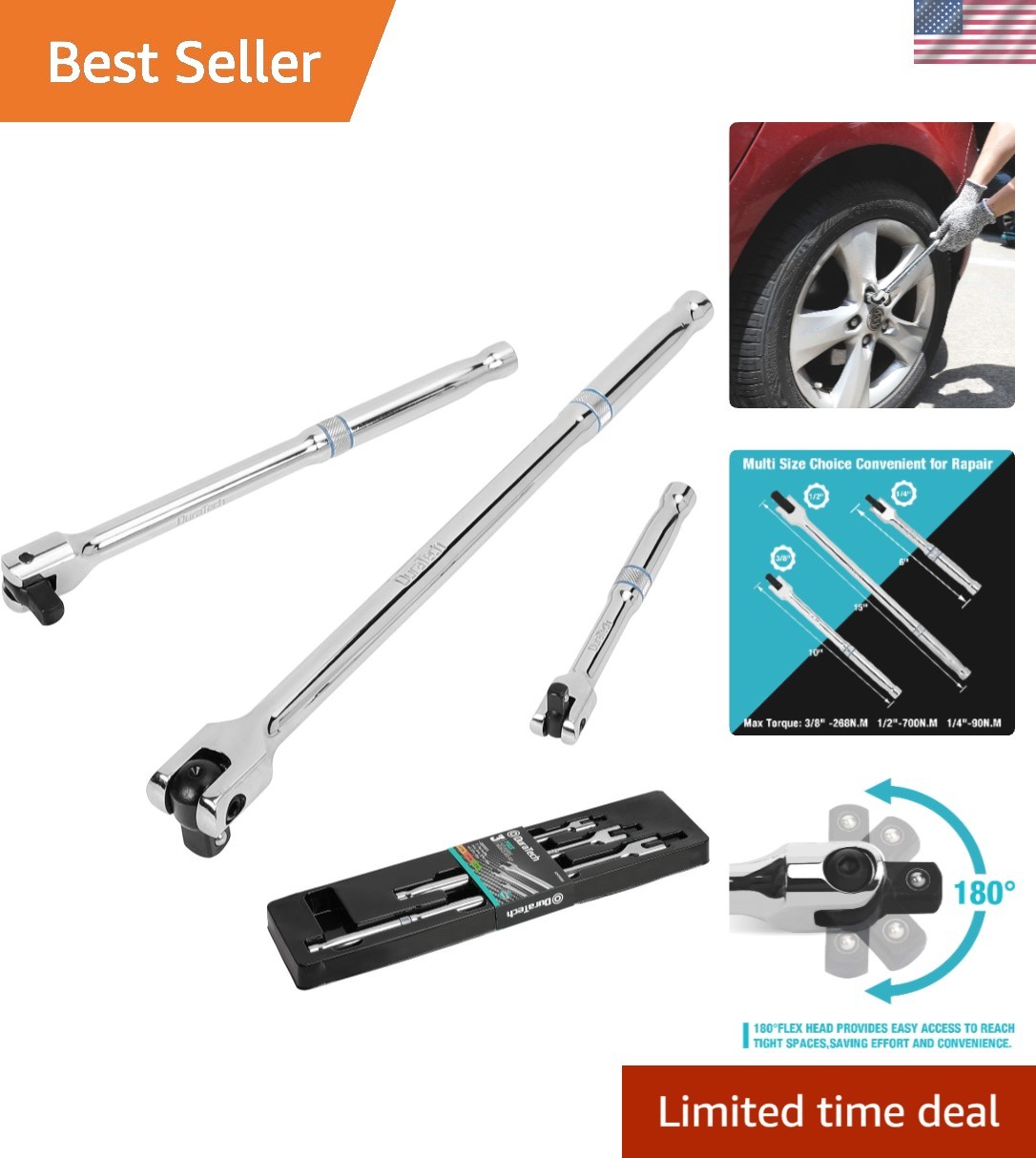 Effortless 3-Piece Breaker Bar Set with Spring-Loaded Detent for Secure Sockets