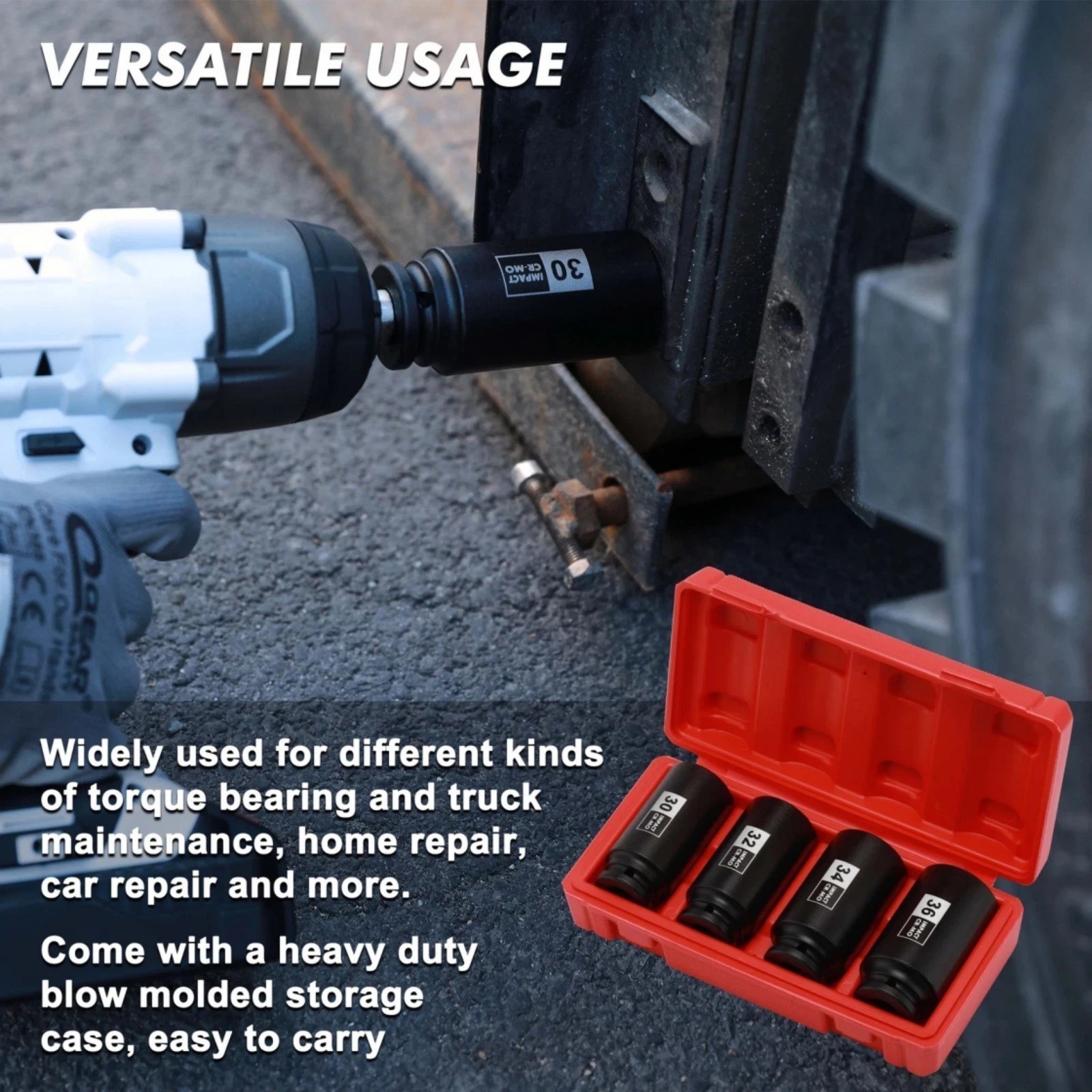 4pc 1/2″ Deep Impact Socket Set CR-MO – Axle Nut Spindle Sizes 30,32,34,36mm