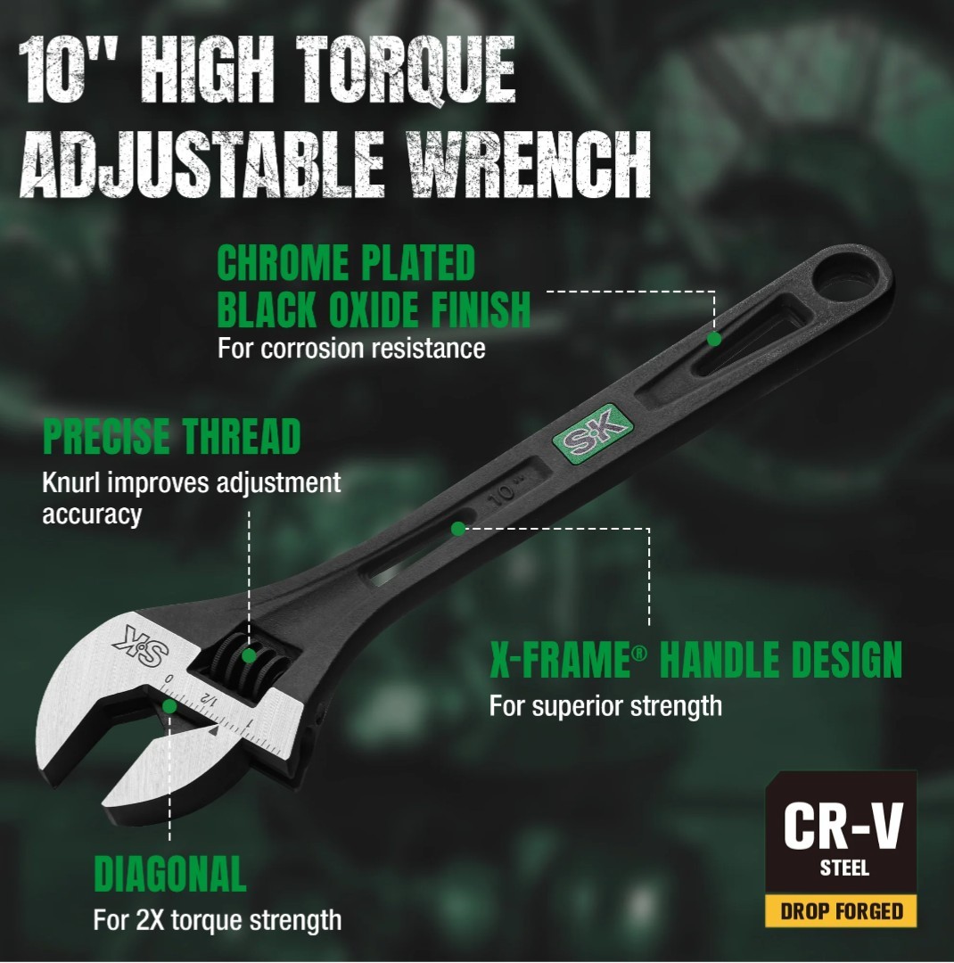 SK Professional Tools 10″ EFFICIENT Adjustable Wrench New LIFETIME WARRANTY