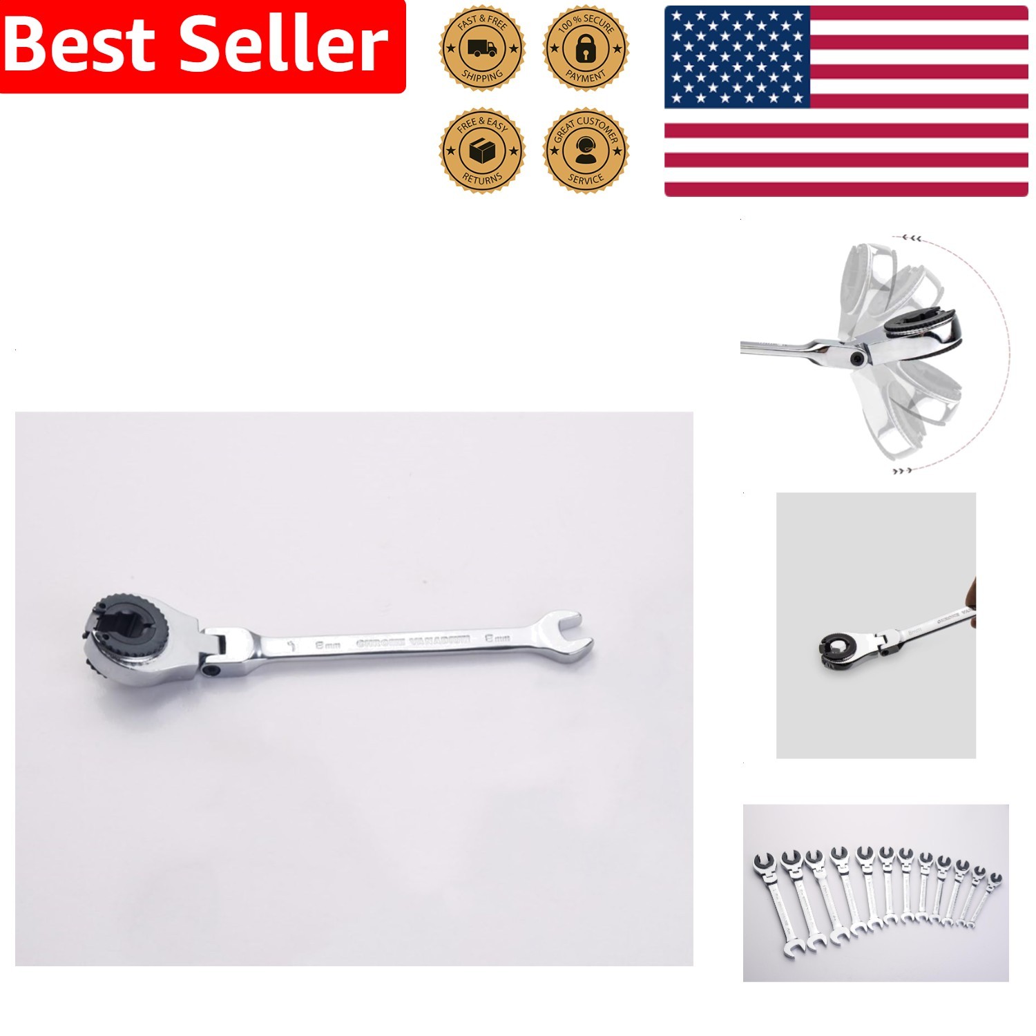 8mm Metric Flex-Head Ratchet Combination Wrench Polished Cr-V Steel Spanner Tool