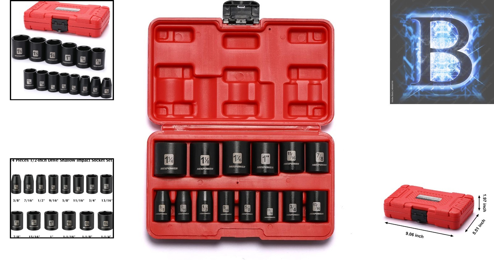 High-Torque 1/2-Inch Drive Shallow Impact Socket Set – 14 CR-V Sizes Included