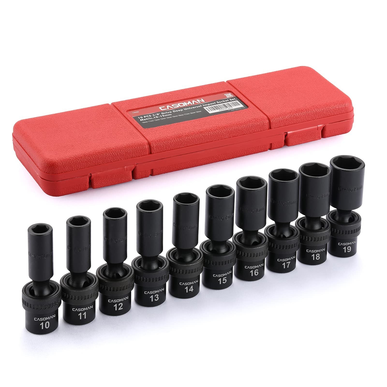 10 PCS 3/8″ Drive Deep Impact Socket Set, 6 Point, CR-MO, Metric 10-19mm Tools