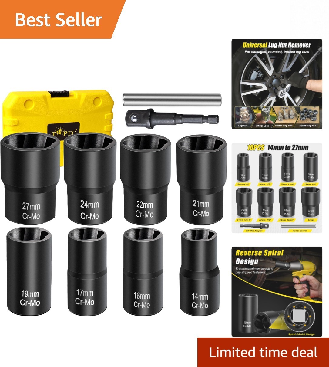 10-Piece Lug Nut Remover Set – Chrome Molybdenum Steel Impact Tool Kit