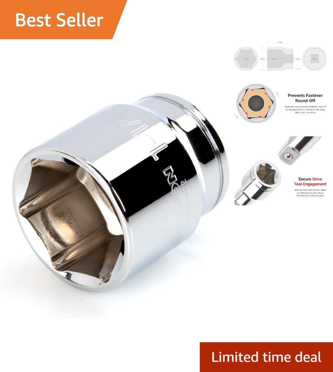 1/2 Inch Drive x 1-1/4 Inch Shallow 6-Point Socket – Alloy Steel & Chrome Finish