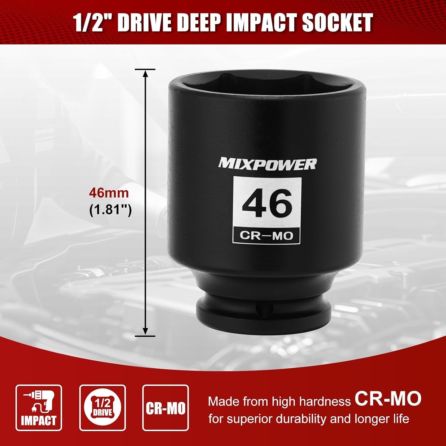6 Point Deep Impact Socket, 46mm Size, High-Torque Chrome Moly Steel Design