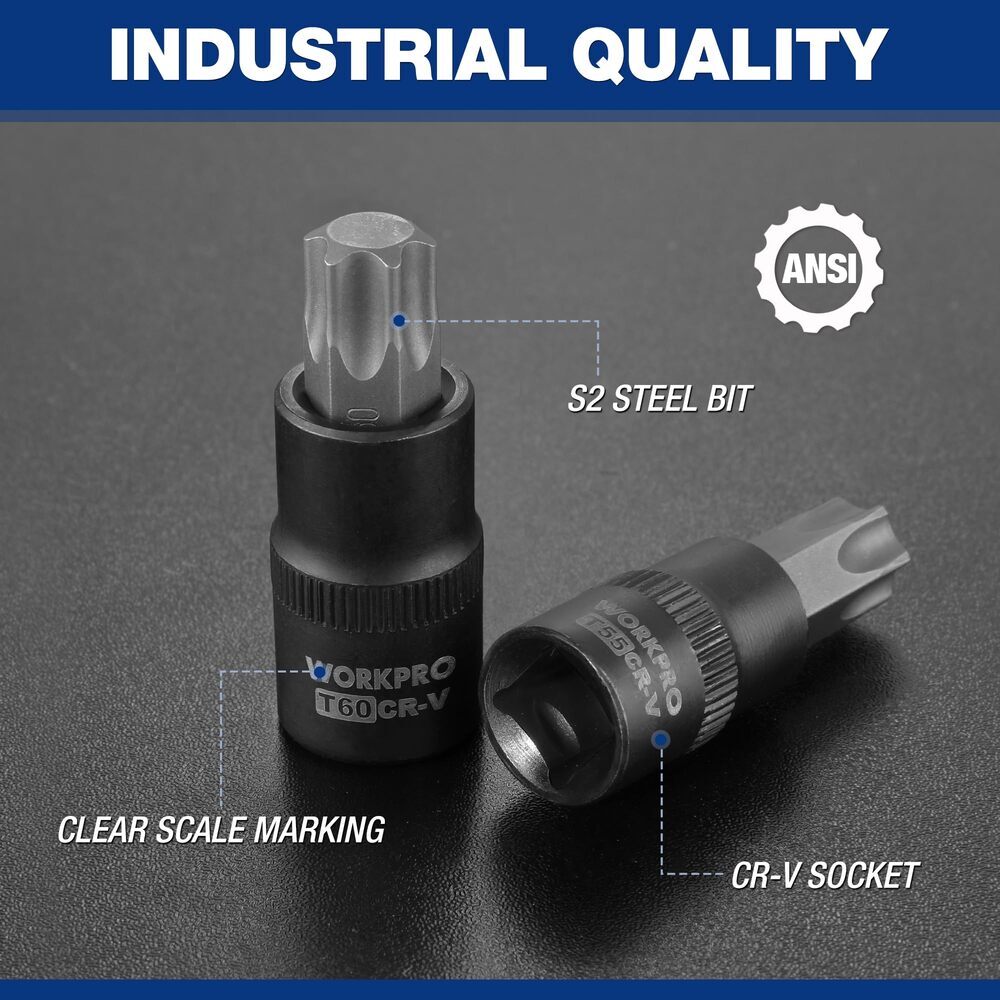 WORKPRO 13PC Torx Bit Socket Set 1/4″ 3/8″ 1/2 Drive Hex Allen Socket Set T8-T60