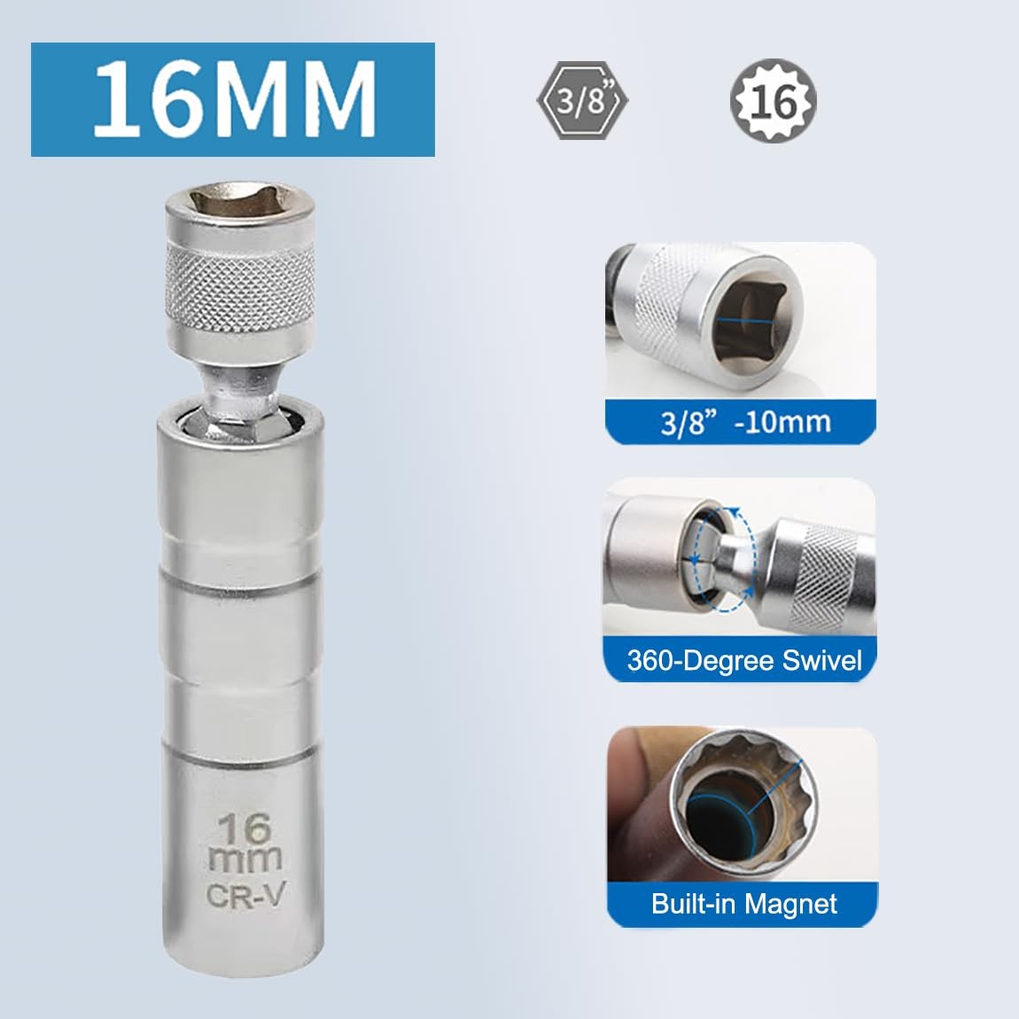 Resze 5/8-Inch（16mm） Thin Wall Spark Plug Socket,12 Short 5/8″（16mm）, Silver