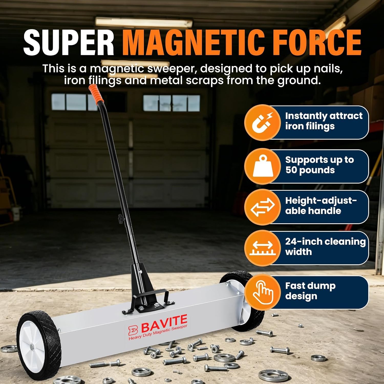 24″ 50Lbs Rolling Magnetic Nail Sweeper Heavy Duty w/Adjustable Handle