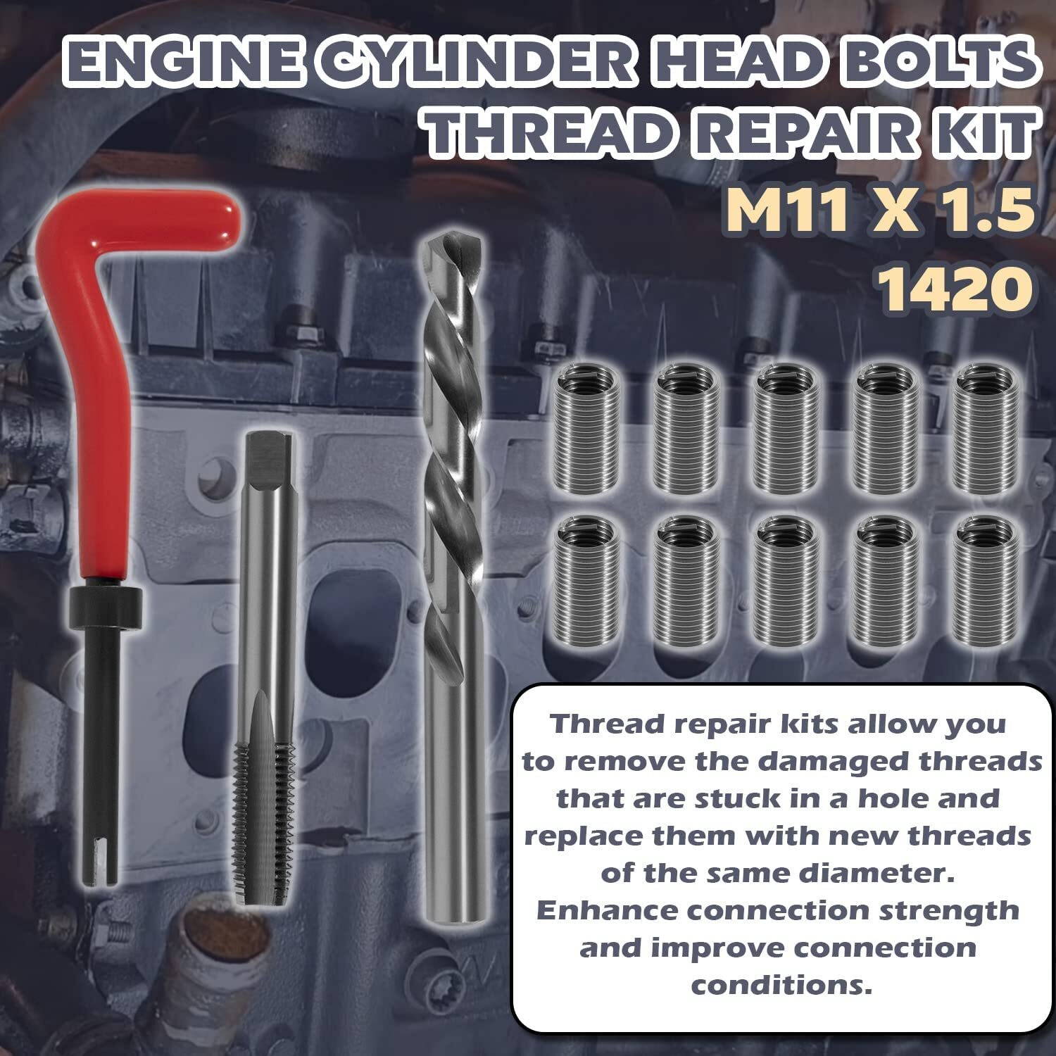 1420 Engine Cylinder Head Bolt Repair Tool Kits M11.5mm x 1.5 For Honda Toyota