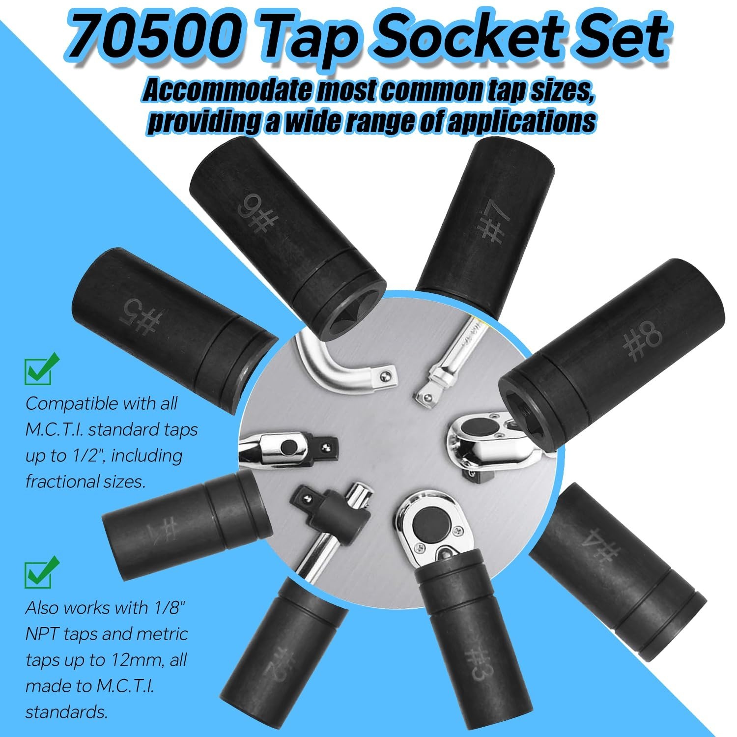 8-Piece Tap Socket Set – 1/4″ & 3/8″ Drive, Fits 1/2″ & 1/8″ NPT, Up to 12mm Met