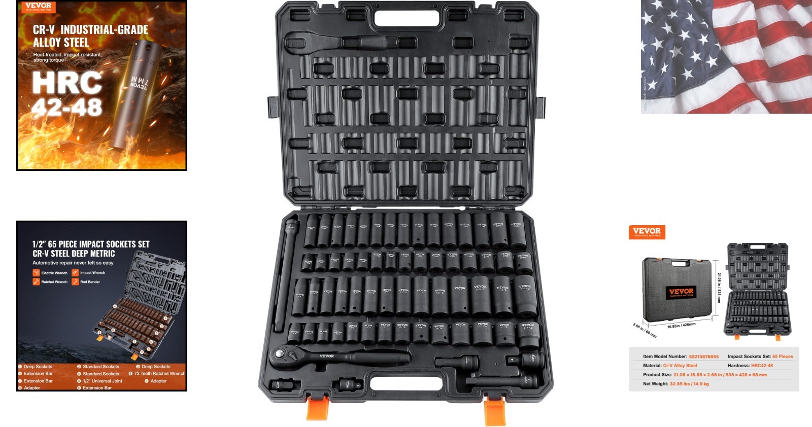 1/2″ Drive Impact Socket Set, 65 Piece | SAE 3/8″ to 1-1/4″ and Metric 10-24m…