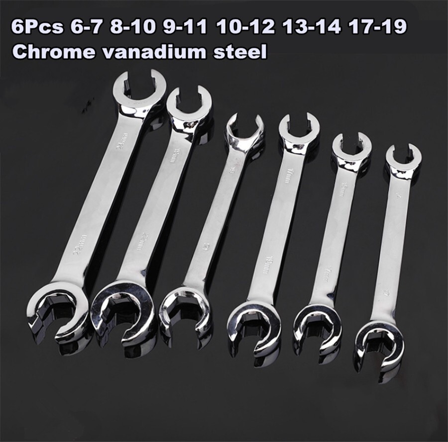 6Pcs 6mm-19mm 6 Point Chrome Vanadium Steel Metric Flare Nut Spanner Wrench Set