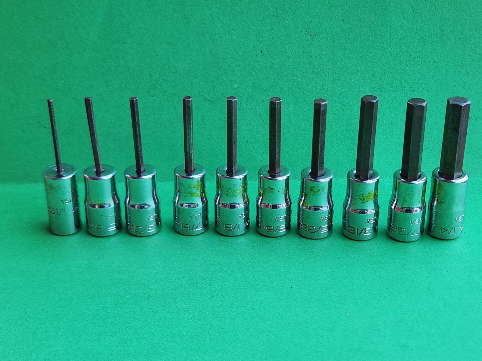 Snap On 10 pc 1/4″ Dr. SAE Hex Driver Bit Socket Set 1/16″-1/4″
