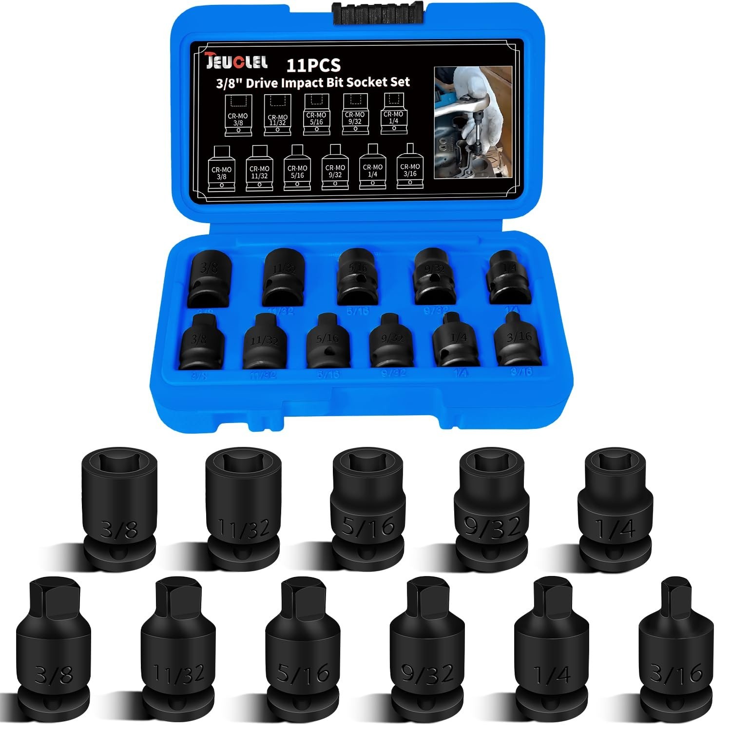 11PCS 3/8″ Drive Impact Socket Set, SAE Pipe Plug, Tapered & Chamfered Bits, CR-