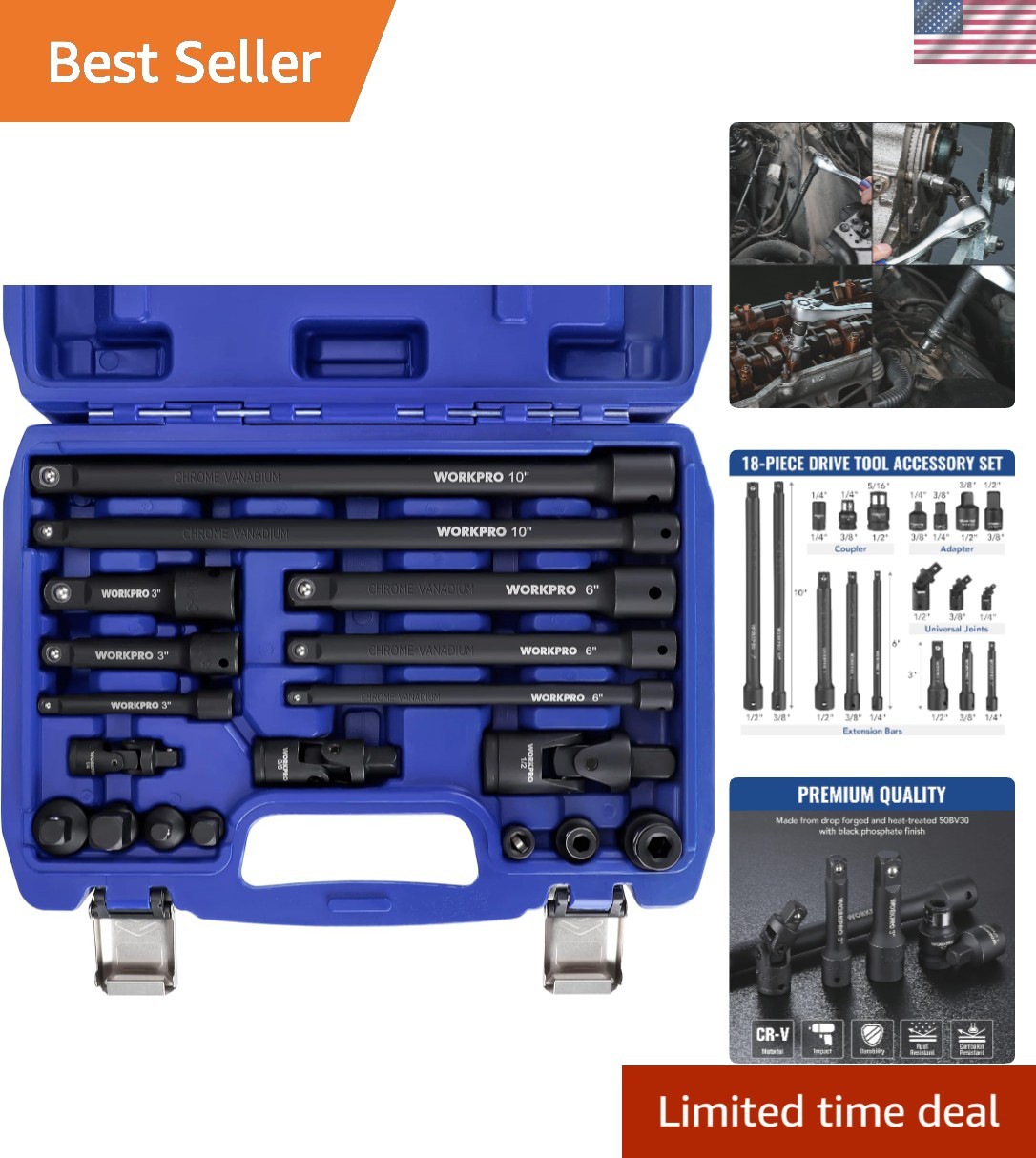 18-Piece Impact Socket Extension Set in Chrome Vanadium with Storage Case