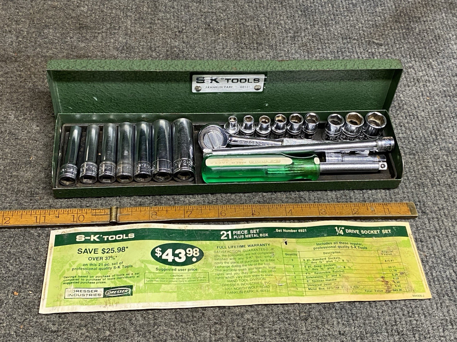 Vintage S-K Tools 4921 1/4″ Drive 21pc Socket Set With Original Paper SAE