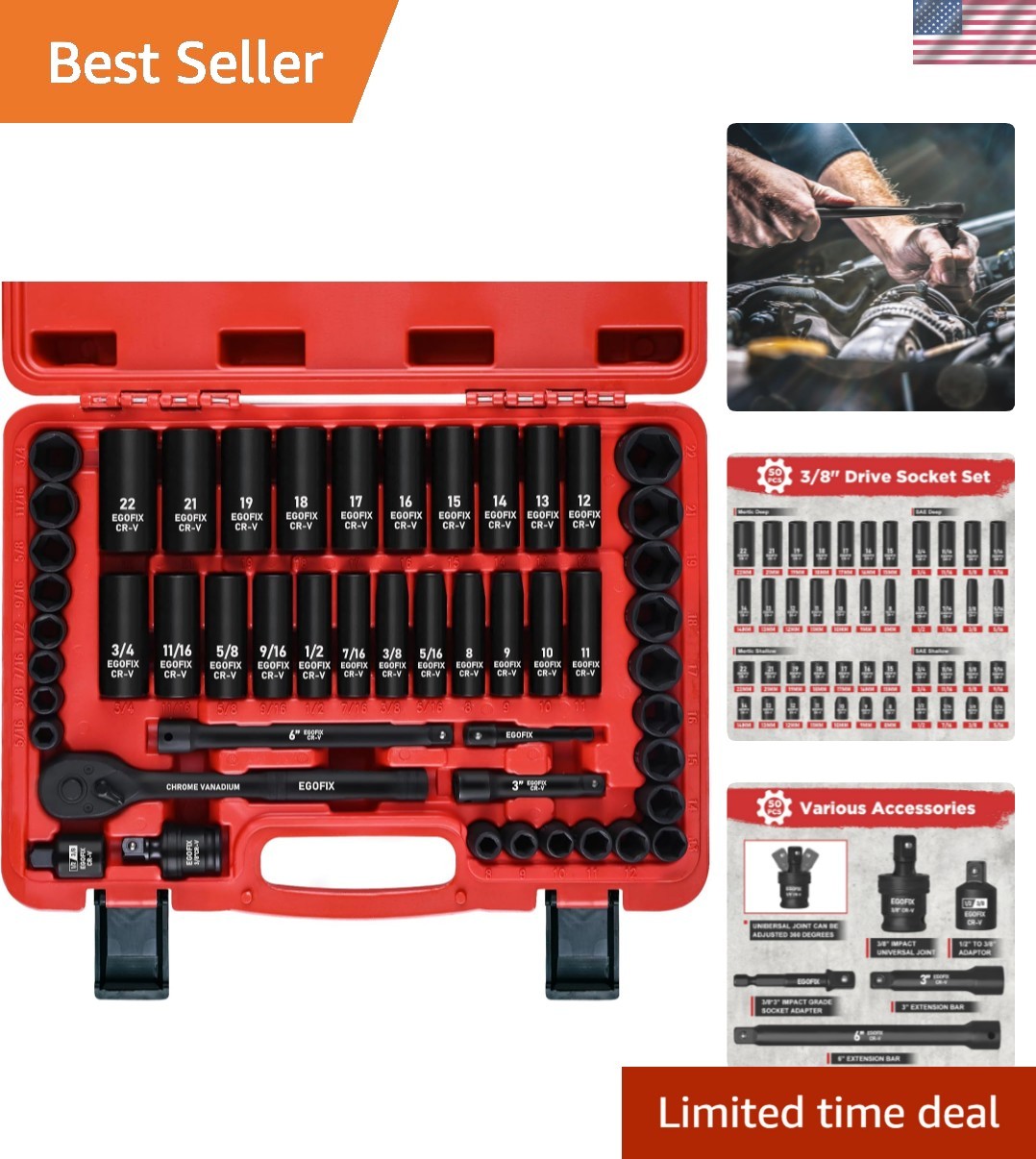 Corrosion-Resistant 3/8″ Drive Impact Socket Set – Ideal for Home & Garage Use