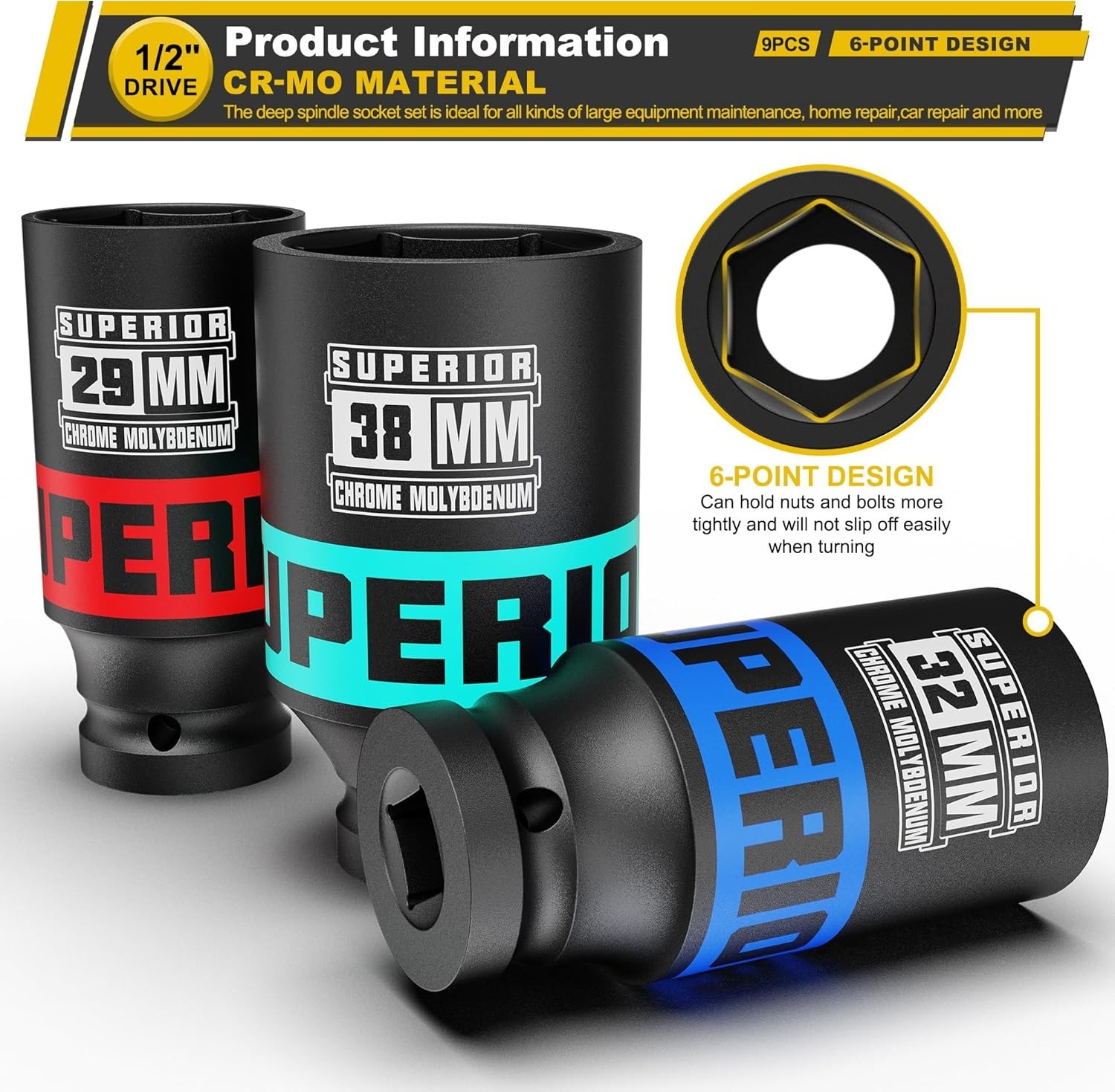 9 Piece 1/2″ Drive Impact Socket Set, 29 mm-38 mm Axle Nut Socket, Metric, CR…