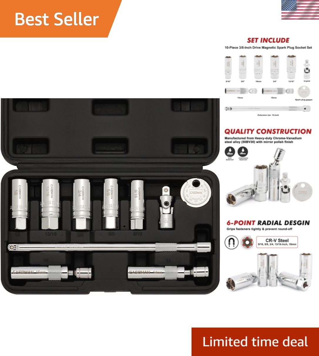 Professional 10-Piece Spark Plug Socket Set – 6PT & 12PT | Mirror Polish Finish