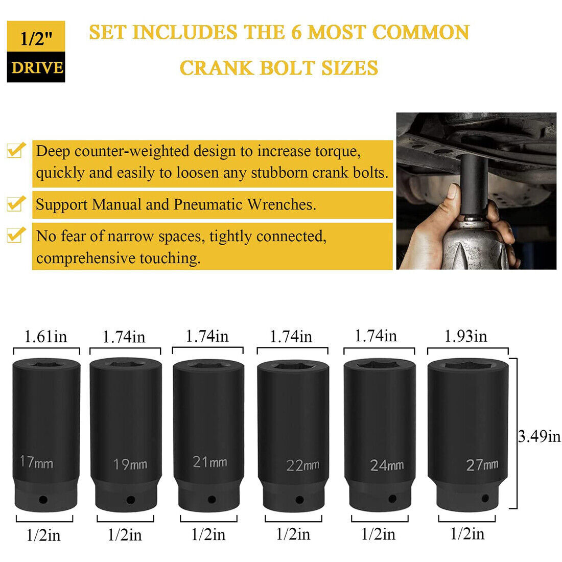 Crank Bolt Socket Set 17/19/21/22/24/27mm Harmonic Balancer Deep Impact Metric