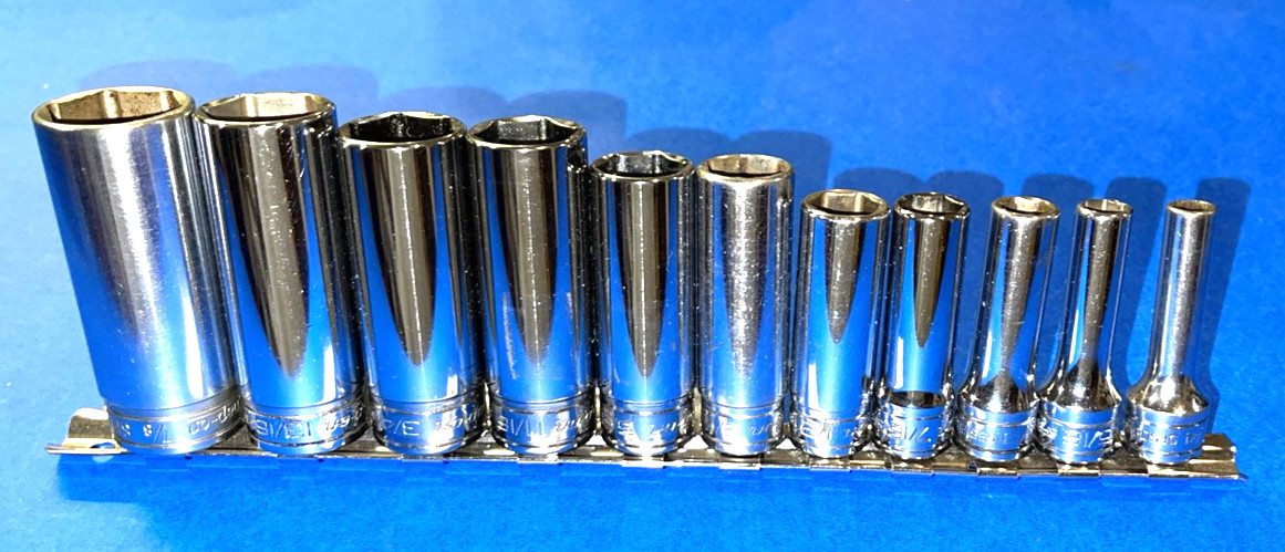 SNAP-ON TOOLS 11 PIECE 3/8 DRIVE SAE. DEEP CHROME 6 POINT SOCKET SET 211SFSY