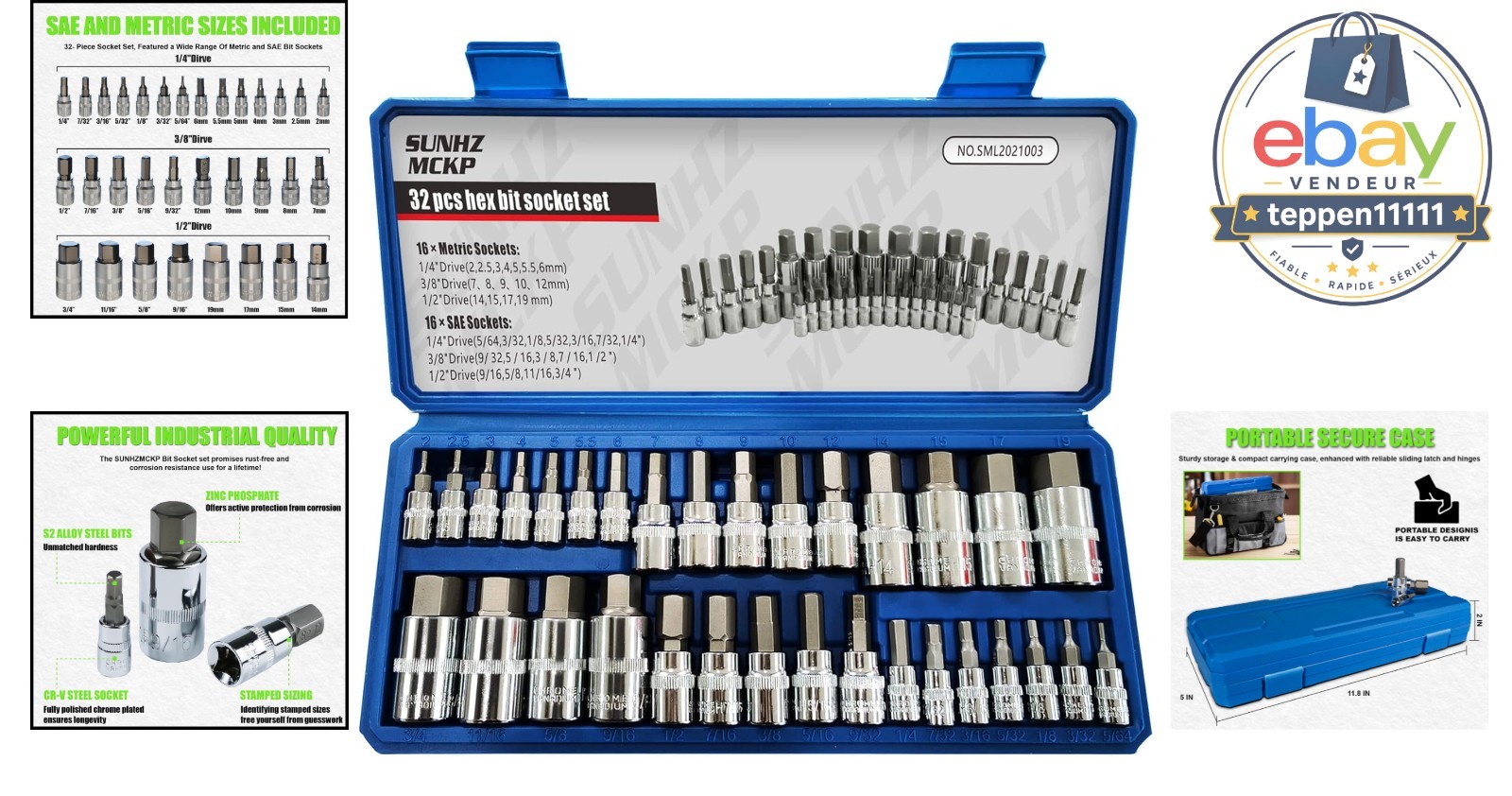 32 Piece Allen Socket Set, Hex Bit Socket Set, SAE Metric Sizes