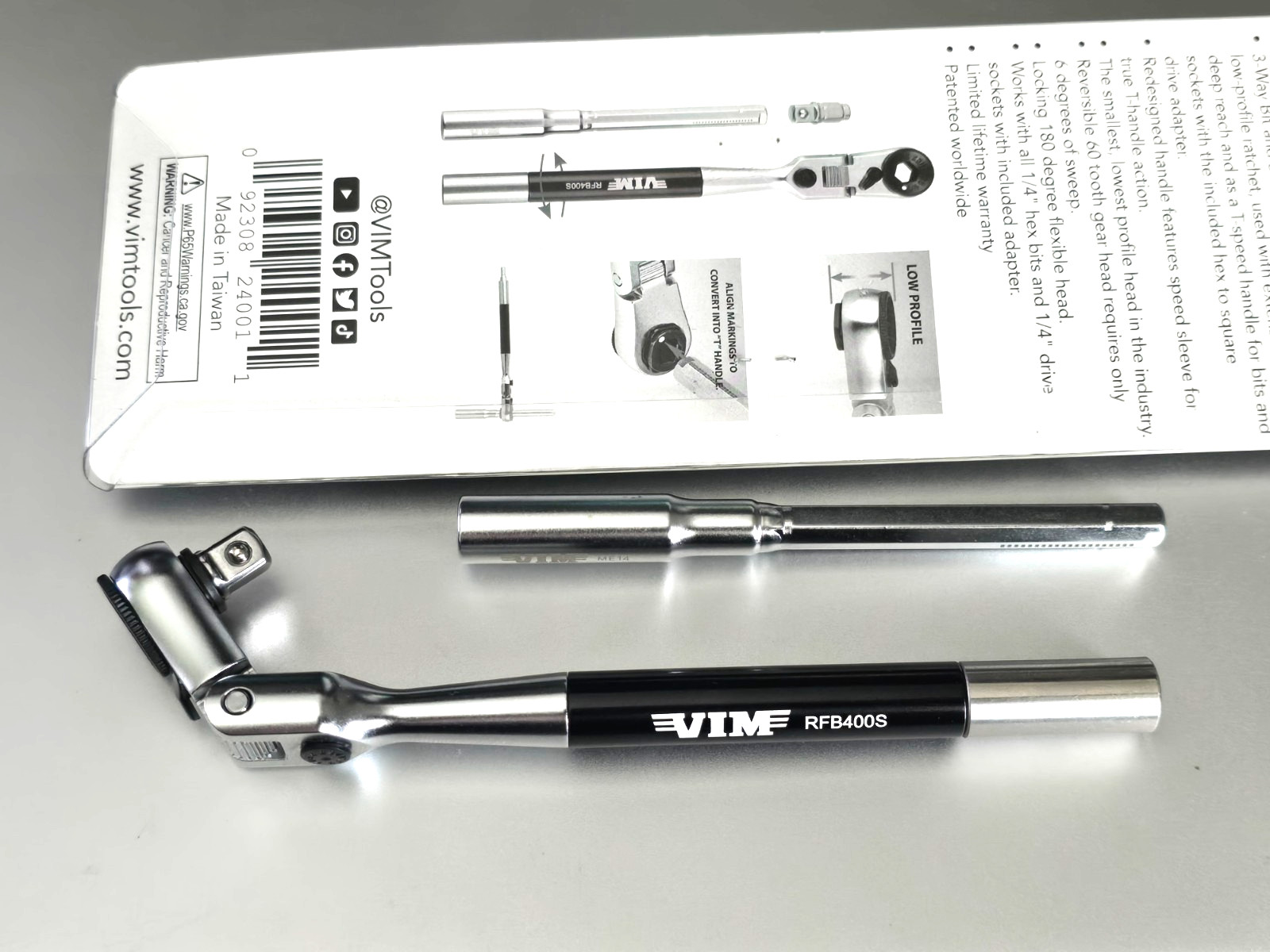 VIM Tools 3-Way 1/4″ Hex Long Handle locking Flex Head Ratchet/T-Handle #RFB400K