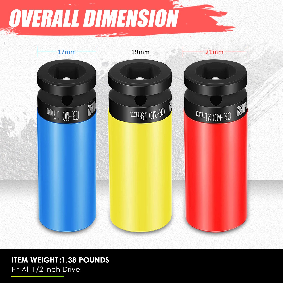 3Pcs 1/2-Inch 17/19/21mm Drive Wheel Protector Impact Lug Nut Bolt Socket Set