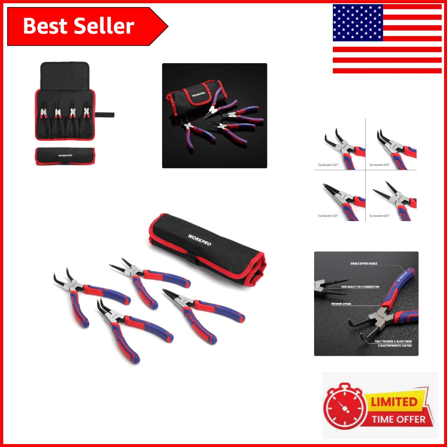 Durable 4-Piece Snap Ring Pliers Set – 5/64» Tip with Compact Storage Pouch