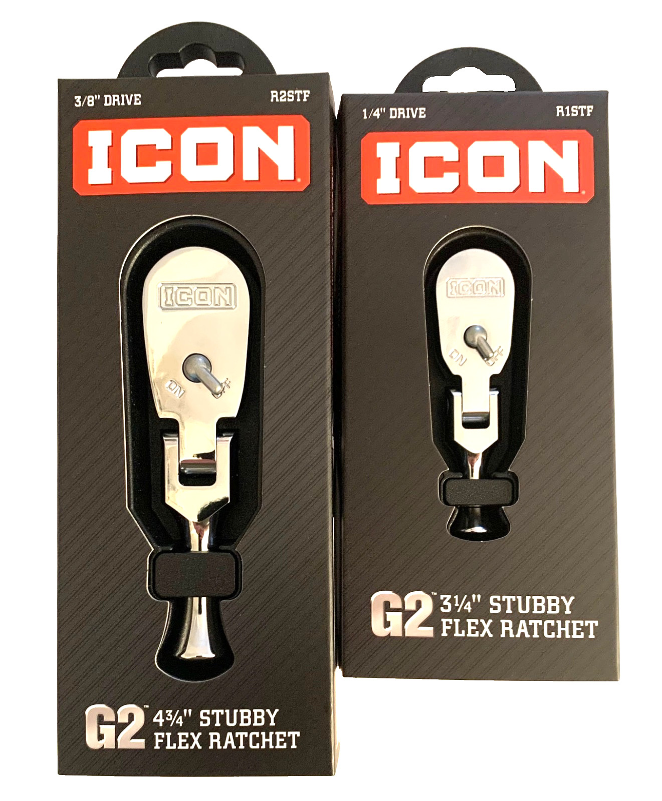 ICON (LOT OF 2) G2 3/8” & 1/4” Dr. (70425-70441) Stubby Flex Ratchets, FREE S&H
