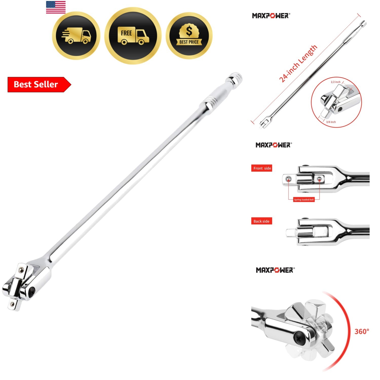 1/2-Inch and 3/8-Inch Drive Dual-drive 24-Inch Breaker Bar Flex Handle