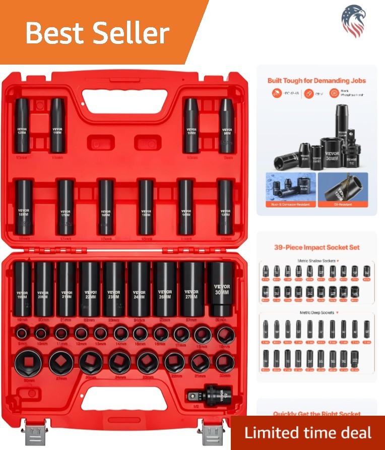 39-Piece Metric Impact Socket Set 1/2 Inch Drive CR-V Steel Deep Shallow Durable