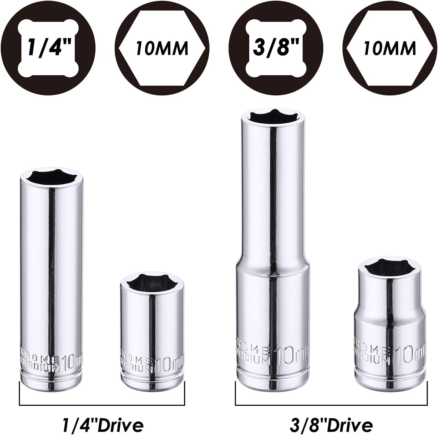 4PCS 1/4″& 3/8″ Drive 10mm Deep&Shallow Socket Set, 6 Point, Cr-V Steel, Mirr…