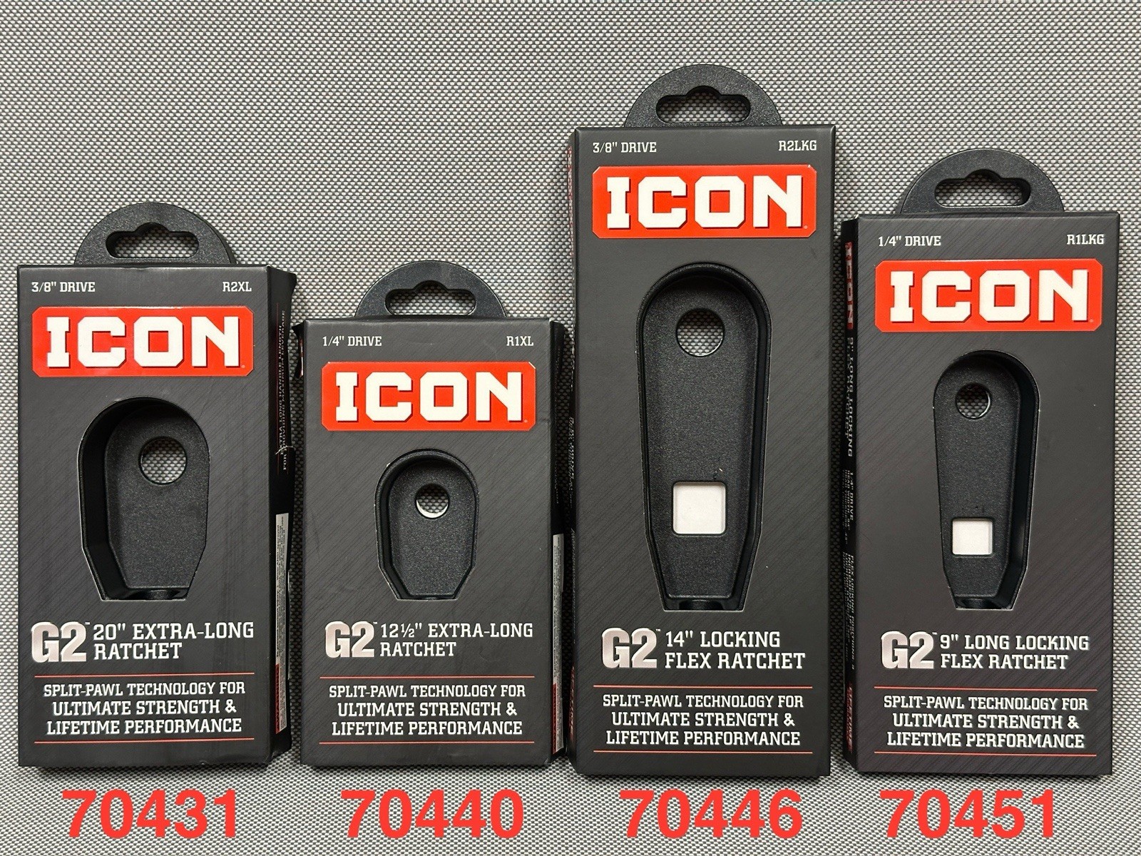 ICON G2 Ratchet Package / Storage Tray 1/4” + 3/8” Extra Long + Flex – LOT OF 4