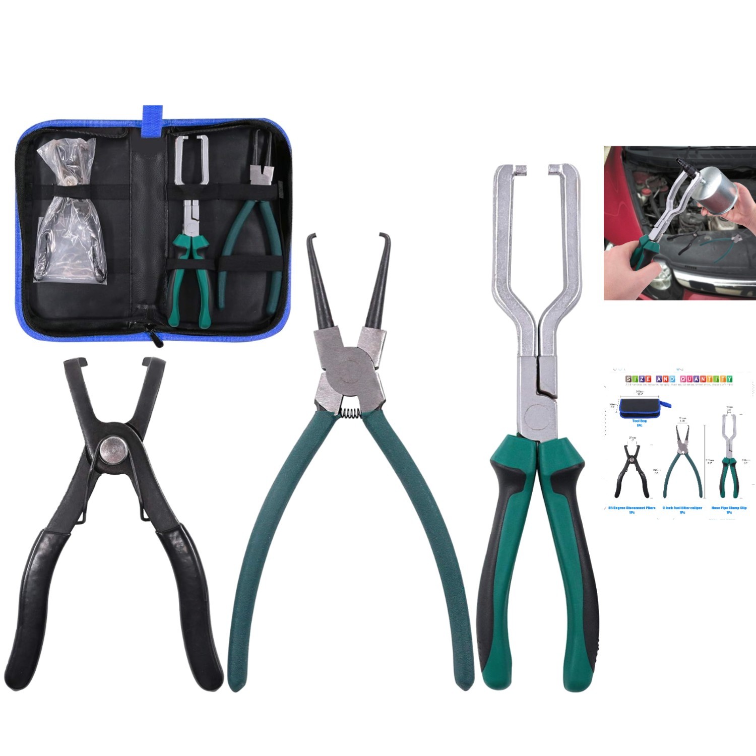 Essential 3-Piece Fuel Line Tool Set: 9-Inch Caliper & 80-Degree Pliers for Cars
