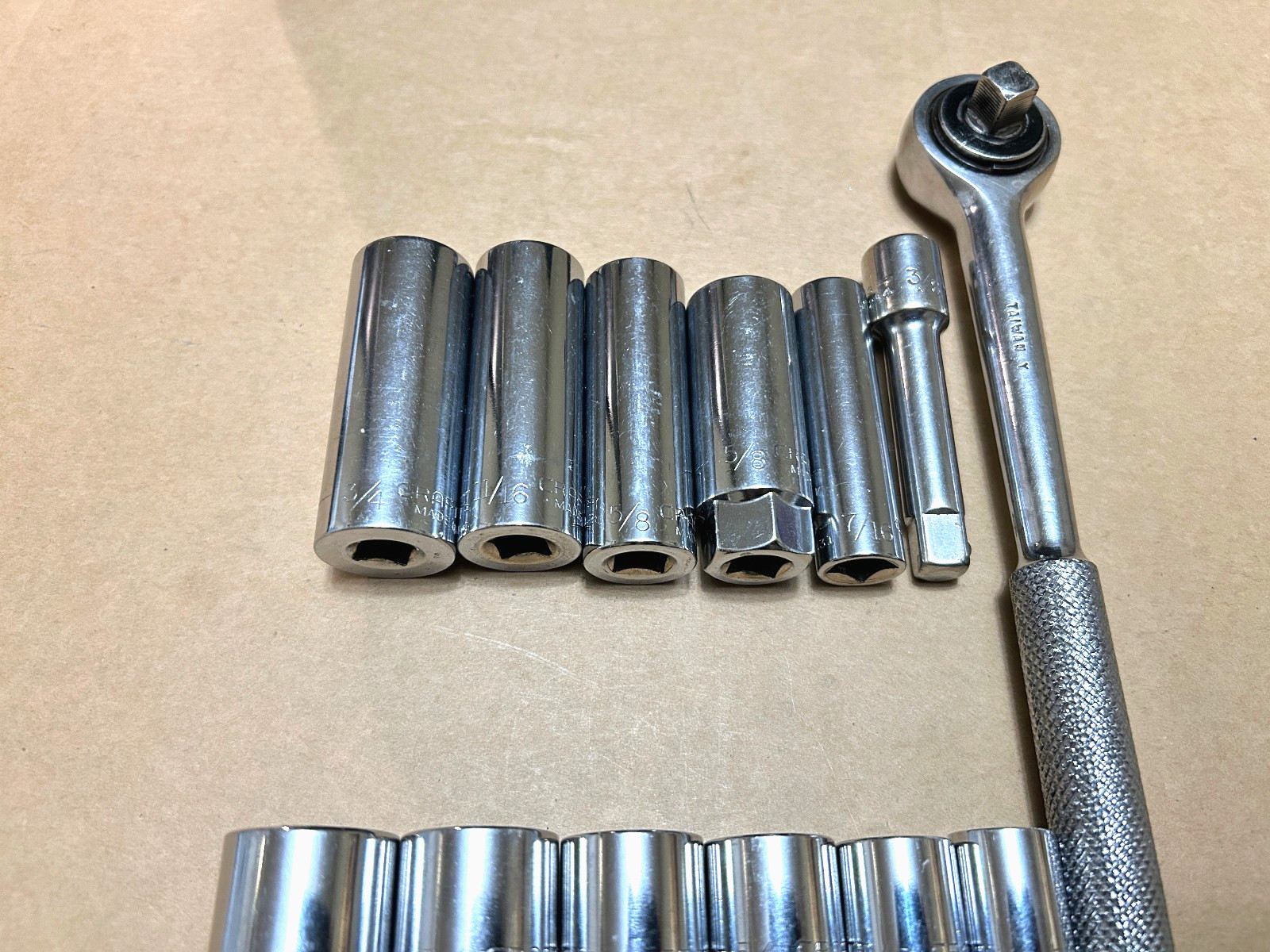 13 – Craftsman-Sears, 3/8″ Ratchet Wrench, 6 Standard 12-pt/ 5 deep Sockets-6pt
