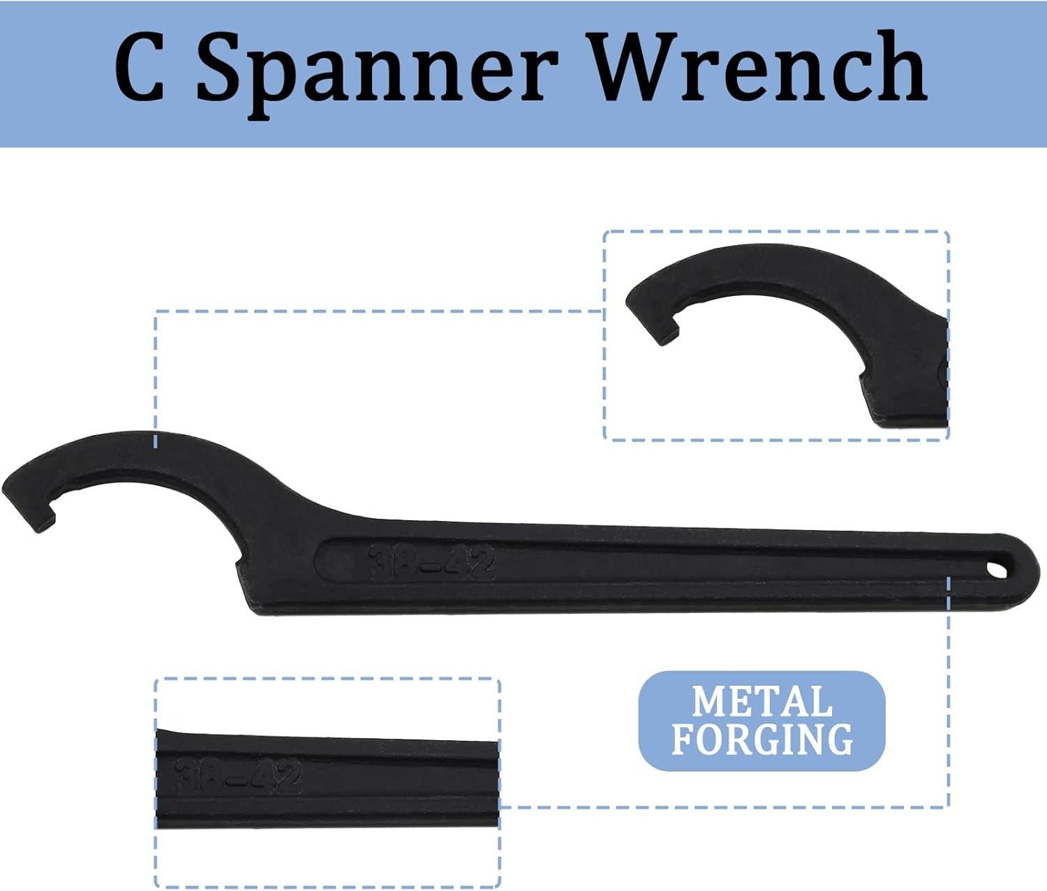 Spanner Wrench C Hook Black Adjustable 38-42mm Carbon Steel Heavy Duty Repair