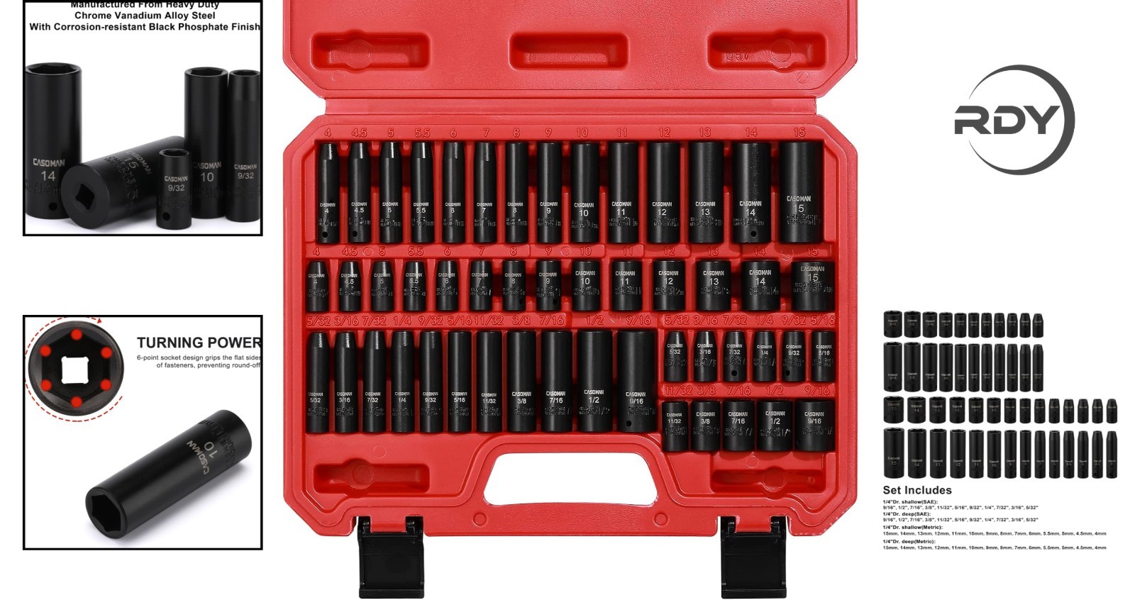 Corrosion-Resistant 50-Piece 1/4 Inch Drive Socket Set – High Contrast Markings