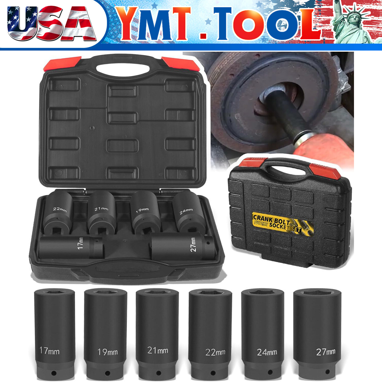 6 Pack 1/2’’ Drive Crank Bolt Socket Set, 17MM, 19MM, 21MM, 22MM, 24MM, 27MM