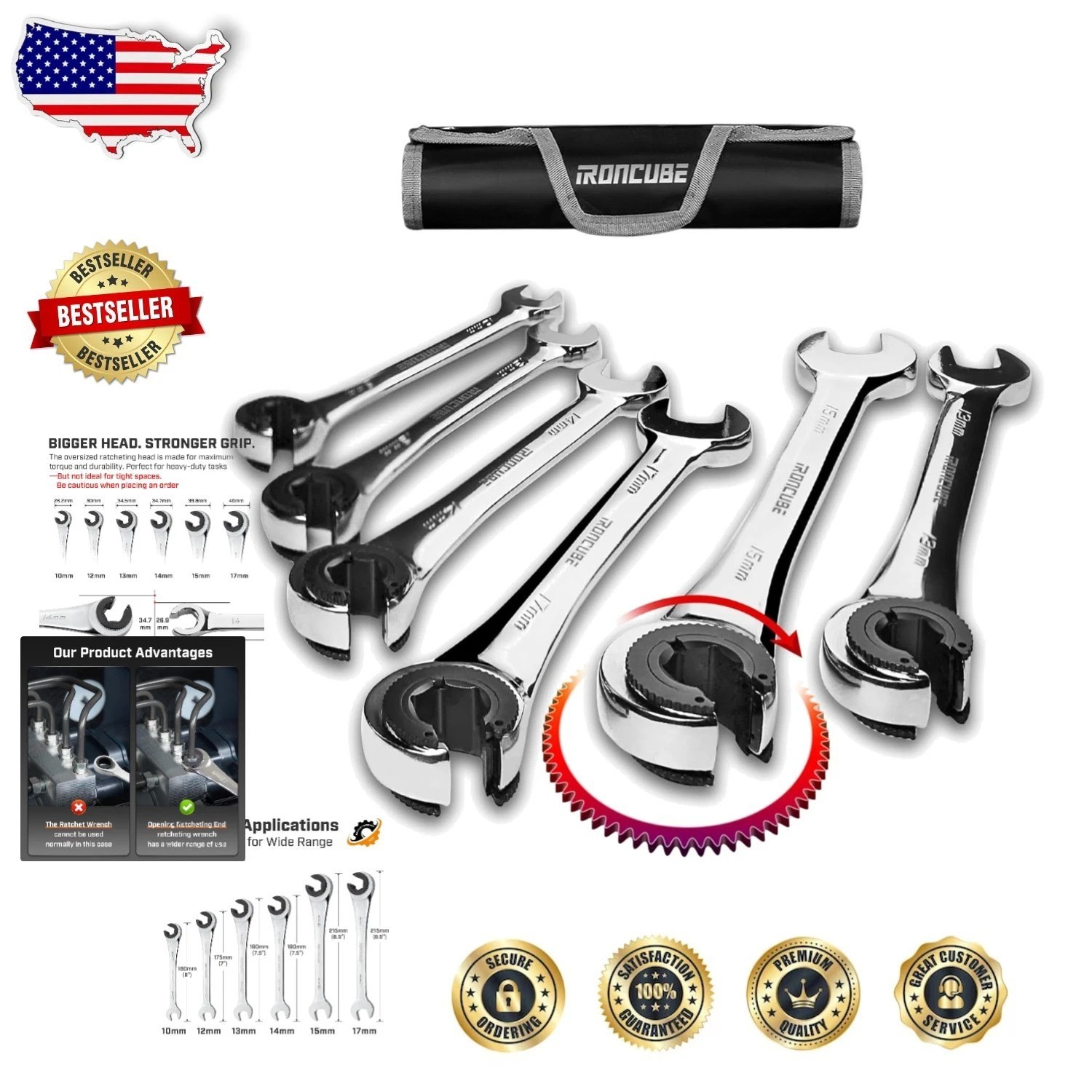 Metric Brake Line Wrench Set 6pc Ratcheting Open End 10-17mm CV Steel