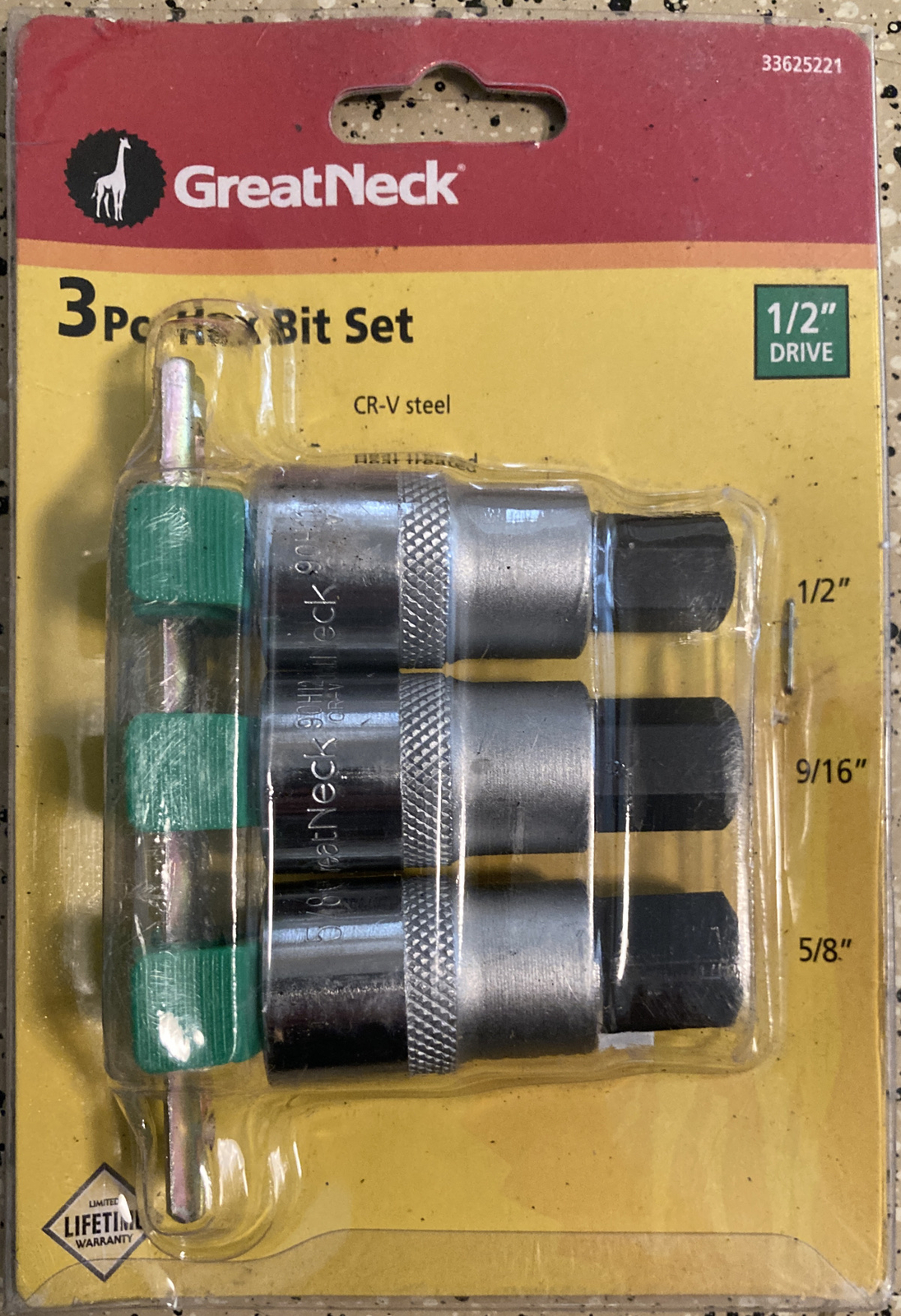 NEW NIP GreatNeck 3-Pc 1/2″ Drive, Hex Bit Set, SAE-Taiwan 1/2″-5/8″